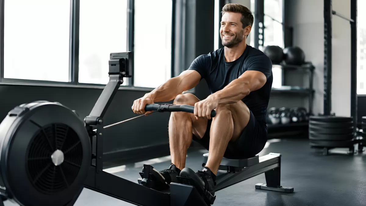 Athlete trainiert an Rudermaschine im Fitnessstudio