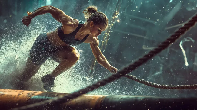 Athletische Frau beim intensiven Seilzug-Training