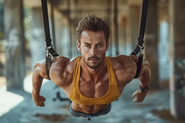 Athletischer Mann trainiert an Turnringen