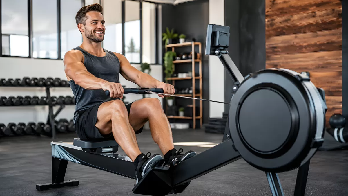 Athletischer Mann trainiert auf Rudergerät im Fitnessstudio