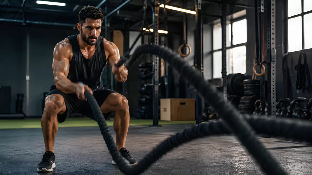 Athletischer Mann trainiert mit Battle Ropes im Gym