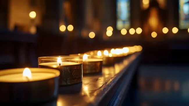 Atmosphärisches Kerzenlicht in dunkler Kirche