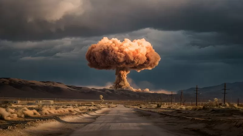 Atomexplosion mit Pilzwolke über Wüstenlandschaft