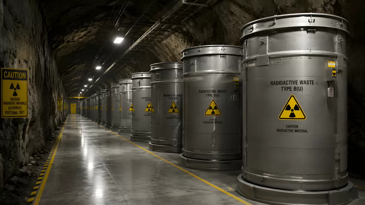 Atommülllager in Felsenstollen mit Warnschildern