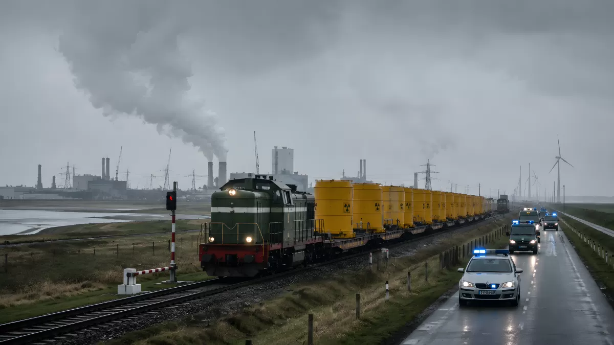 Atommülltransport per Zug durch flache Industrielandschaft