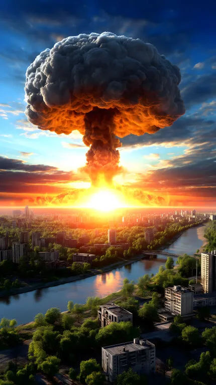 Atompilzexplosion über Stadt bei Sonnenuntergang