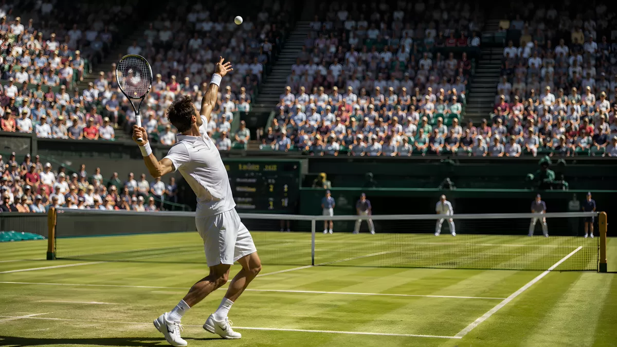 ATP-Tennisspieler beim Aufschlag auf Rasenplatz vor Publikum