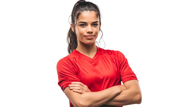 Attraktive Fußballspielerin im roten Trikot