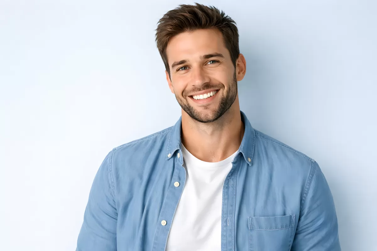 Attraktiver lächelnder Mann mit Bart und Hemd