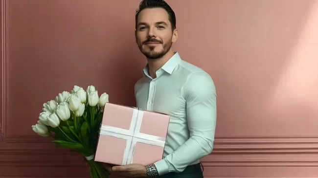 Attraktiver Mann mit Blumen und Geschenkbox vor Rosawand