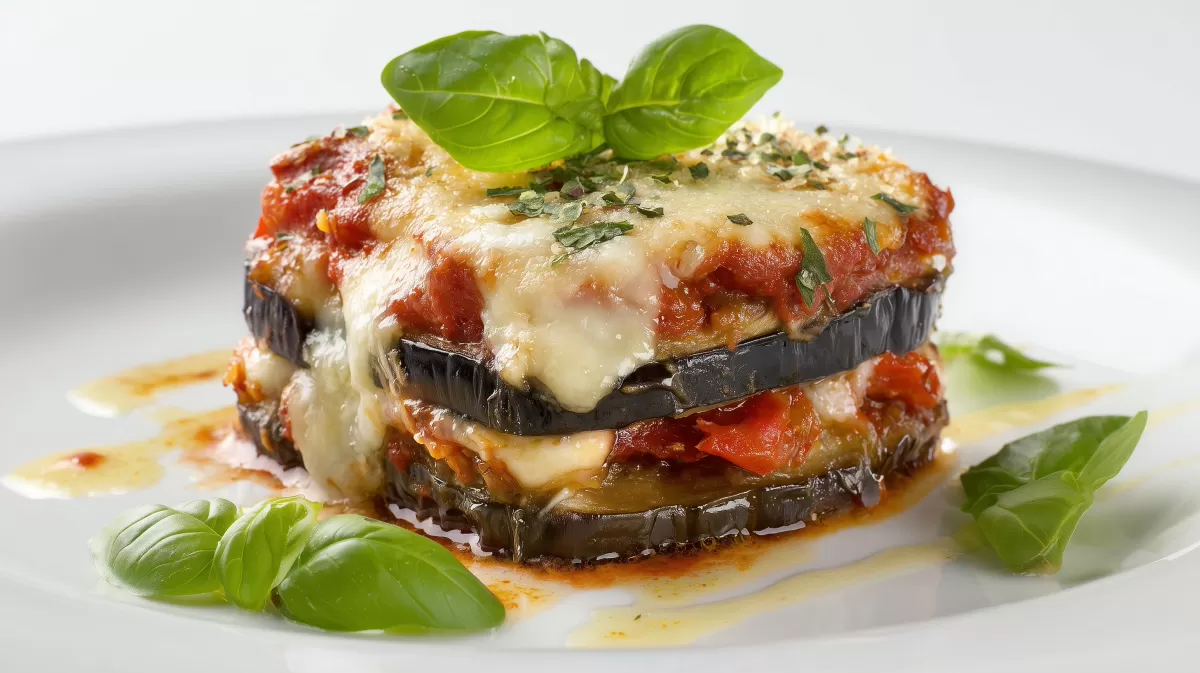 Aubergine alla Parmigiana mit Mozzarella und Basilikum