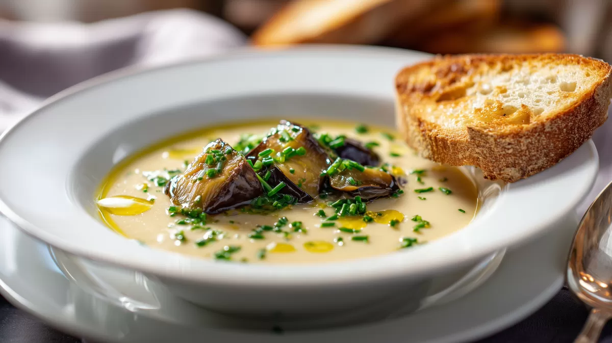 Auberginen Knoblauch Suppe mit Brot und Schnittlauch