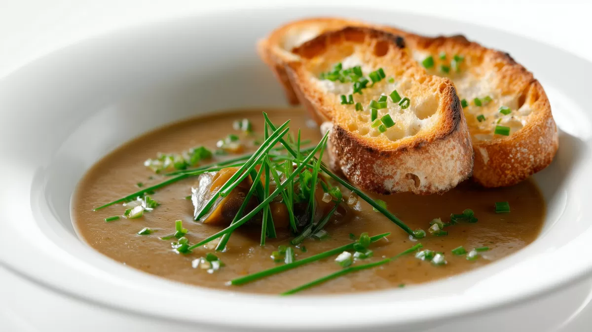 Auberginen Knoblauch Suppe mit geröstetem Baguette