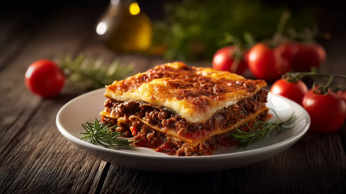 Auberginen Lasagne mit Hackfleisch auf weißem Teller