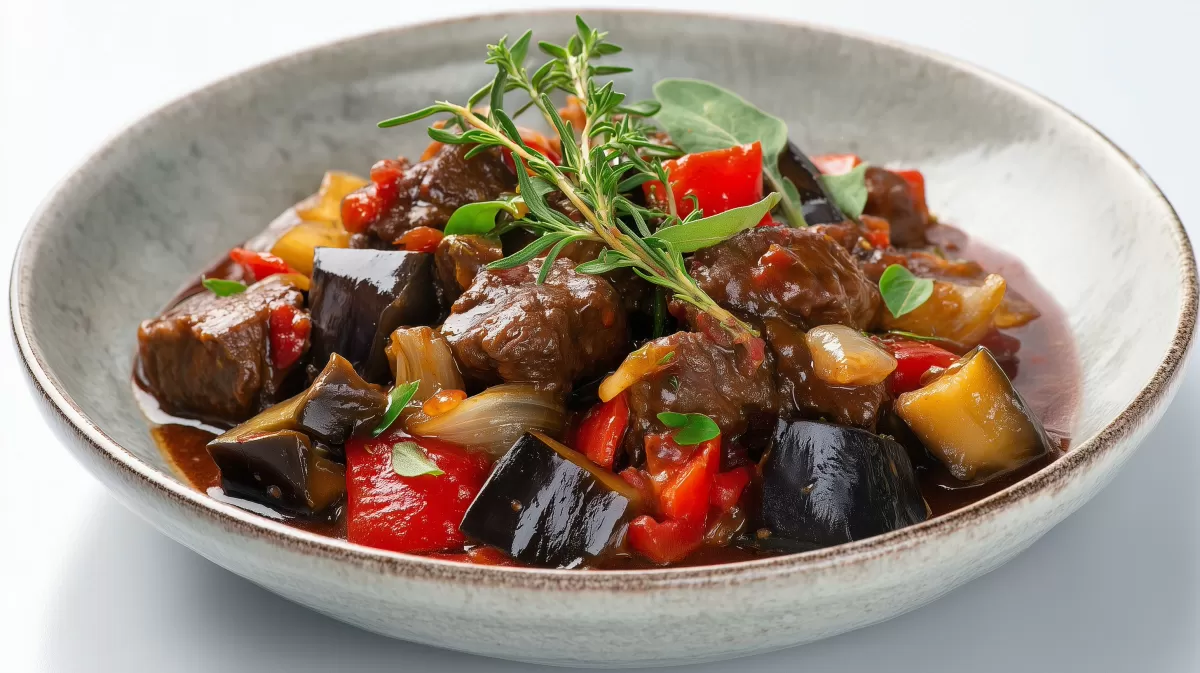 Auberginen Rindergulasch mit Paprika in Tonschale