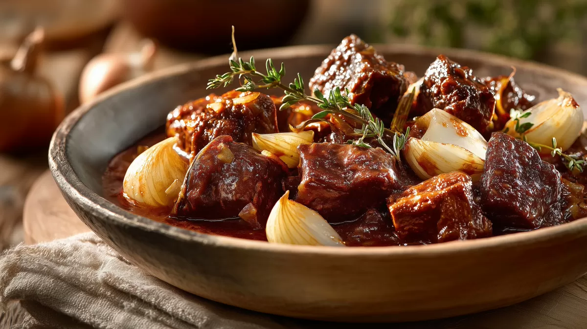 Auberginen Rindergulasch mit Zwiebeln in rustikaler Schale