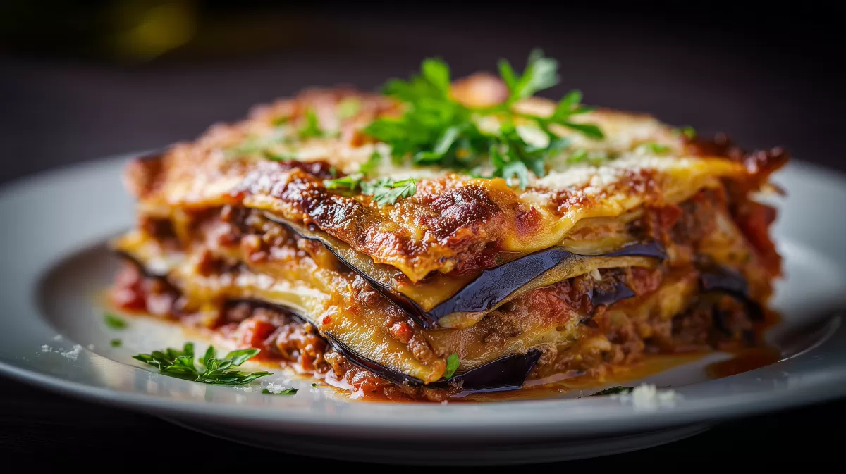 Auberginenlasagne mit Hackfleisch auf weißem Teller