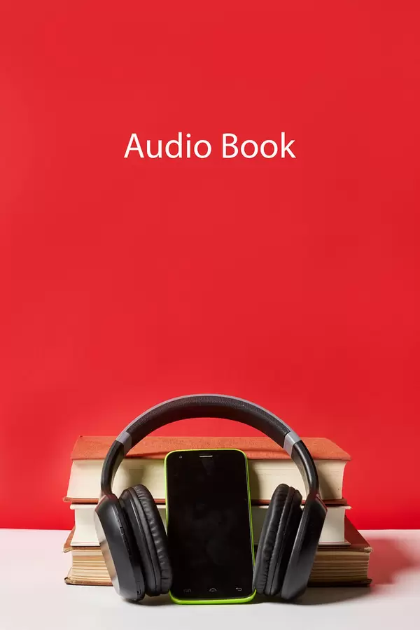 Audiobook - smartphone, headphone and books over red background