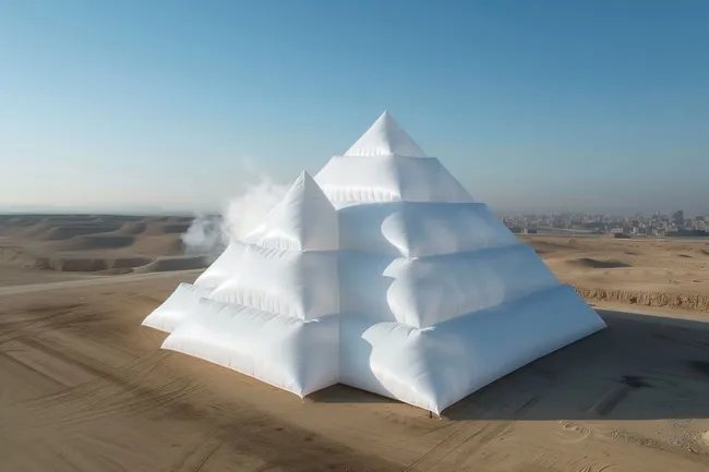 Aufblasbares Modell der Pyramiden von Gizeh in der Wüste