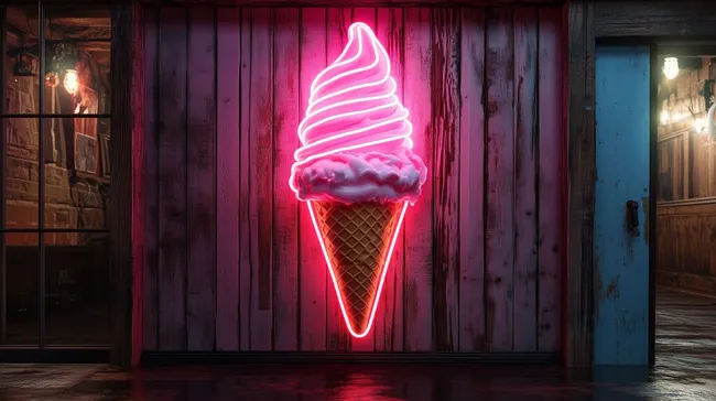 Auffälliges Neoneis-Schild in rustikaler Holzkabine