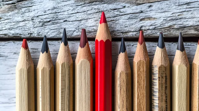 Auffallender roter Bleistift zwischen neutralen Brauntönen