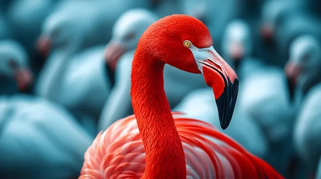 Auffallender roter Flamingo inmitten weißer Artgenossen