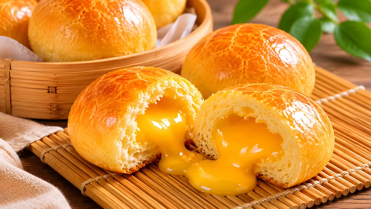 Aufgebrochene Brioche-Brötchen mit flüssiger Eicreme