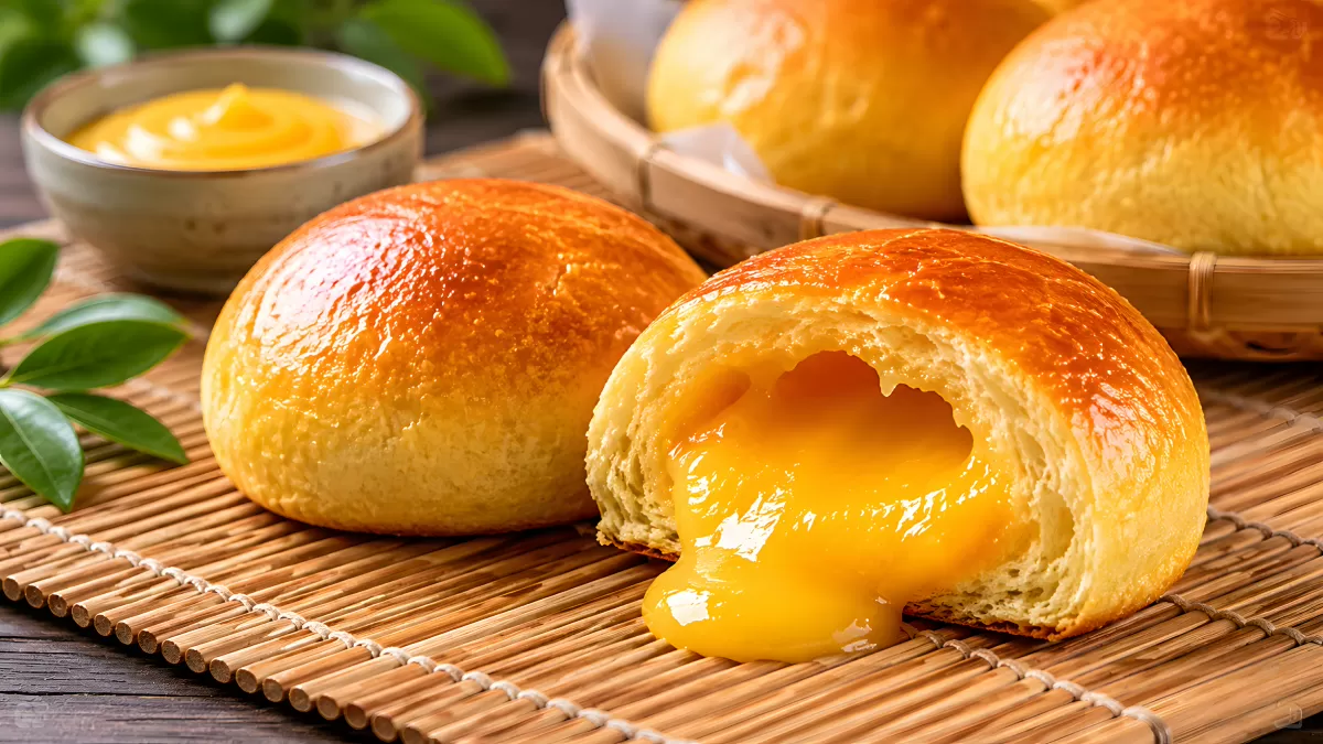 Aufgebrochenes Hefebrötchen mit fließender Vanillecreme