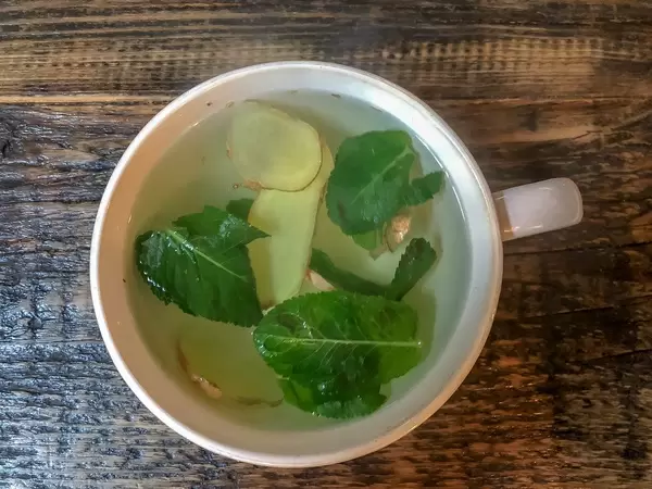 Aufgebrühter Tee in einer Tasse mit Ingwerscheiben und Minzblättern im Hans im Glück Restaurant in Köln, von oben fotografiert