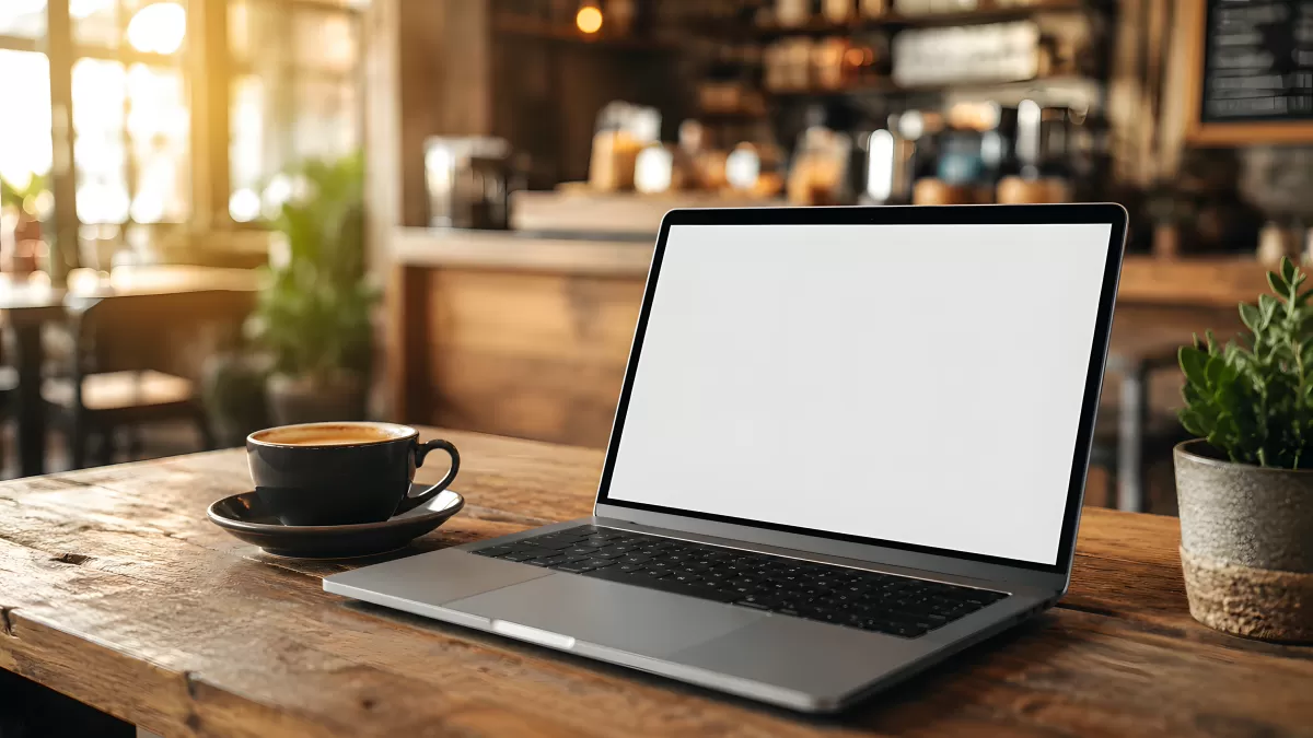 Aufgeklappter Laptop mit schwarzem Display im Café