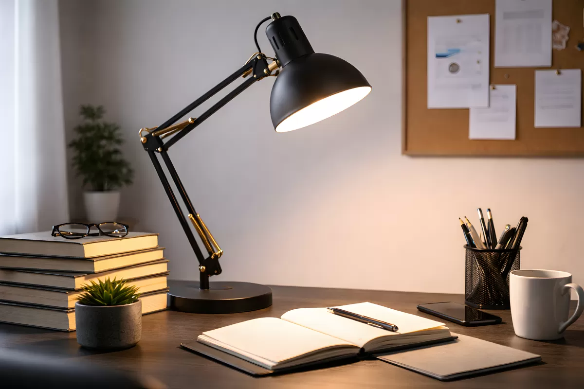 Aufgeräumter Schreibtisch mit Lampe und Notizbuch