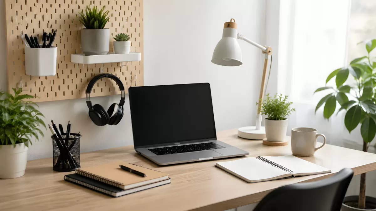 Aufgeräumter Schreibtisch mit Laptop und Pflanzen
