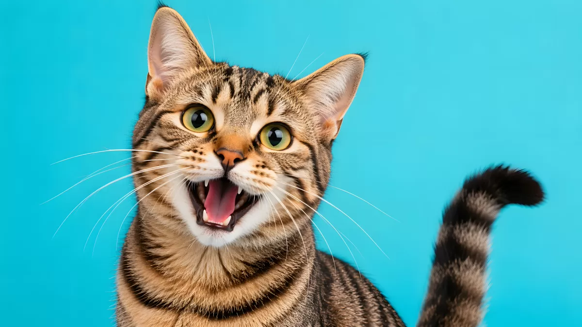 Aufgeregte Tabby-Katze mit offenem Maul vor Blau