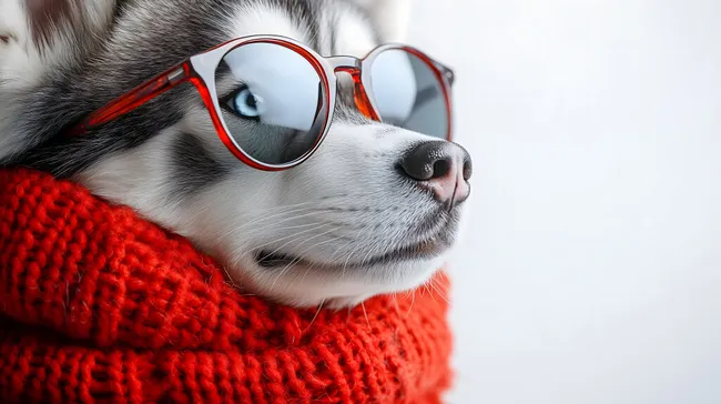 Aufgeregter Husky mit roter Winterbrille