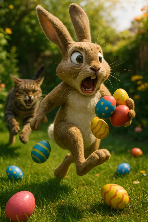 Aufgeregter Osterhase flüchtet vor zorniger Katze