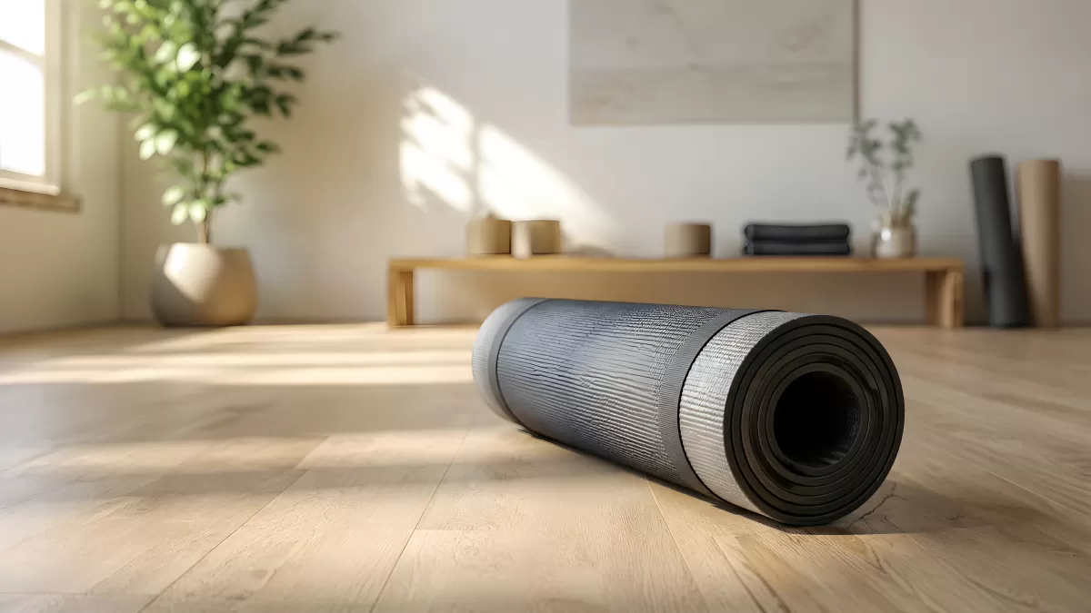 Aufgerollte Yogamatte auf Holzboden im Fitnessraum