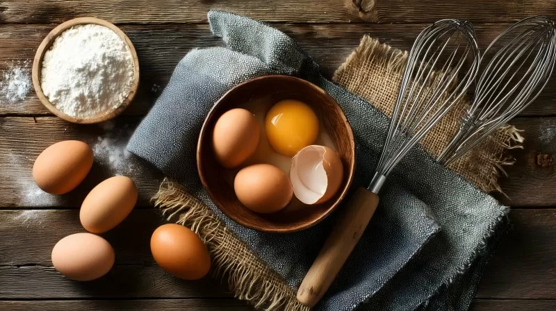 Aufgeschlagene Eier in Schüssel mit Schneebesen