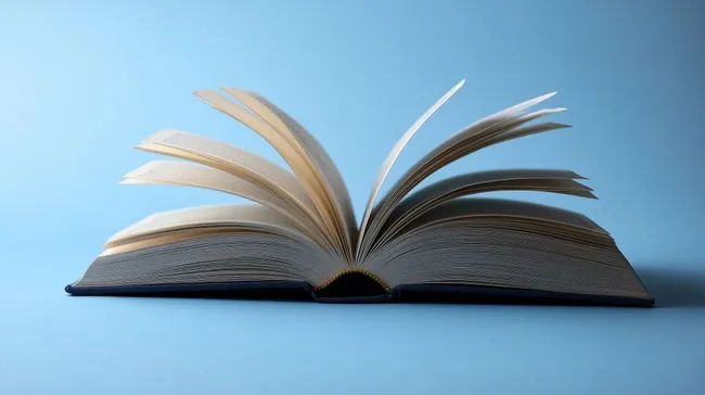 Aufgeschlagenes Buch mit fliegenden Seiten auf blauem Hintergrund