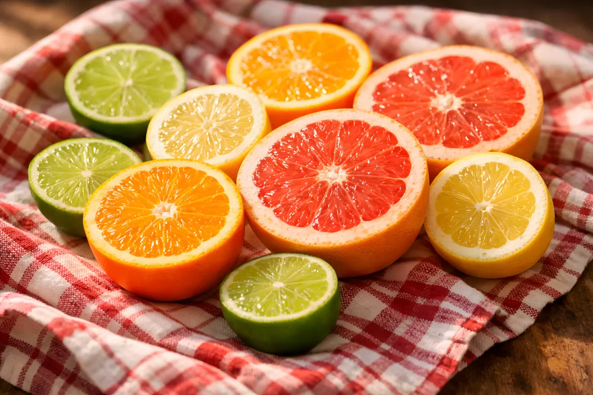 Aufgeschnittene Zitrusfrüchte auf kariertem Tuch