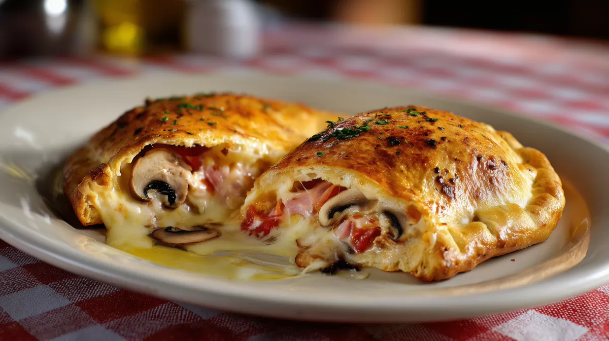 Aufgeschnittener Calzone mit Käse und Pilzen