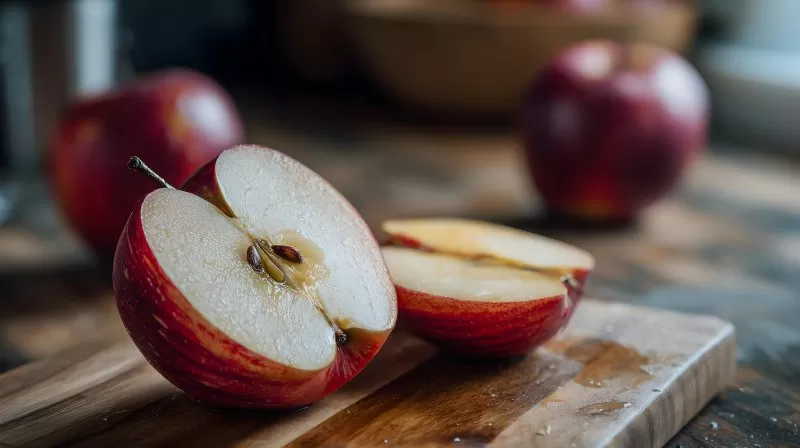 Aufgeschnittener roter Apfel auf Holzbrett