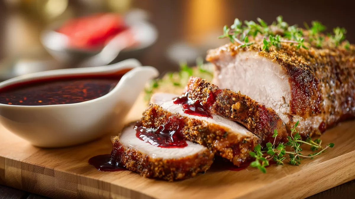 Aufgeschnittener Schweinebraten mit Jus auf Brett