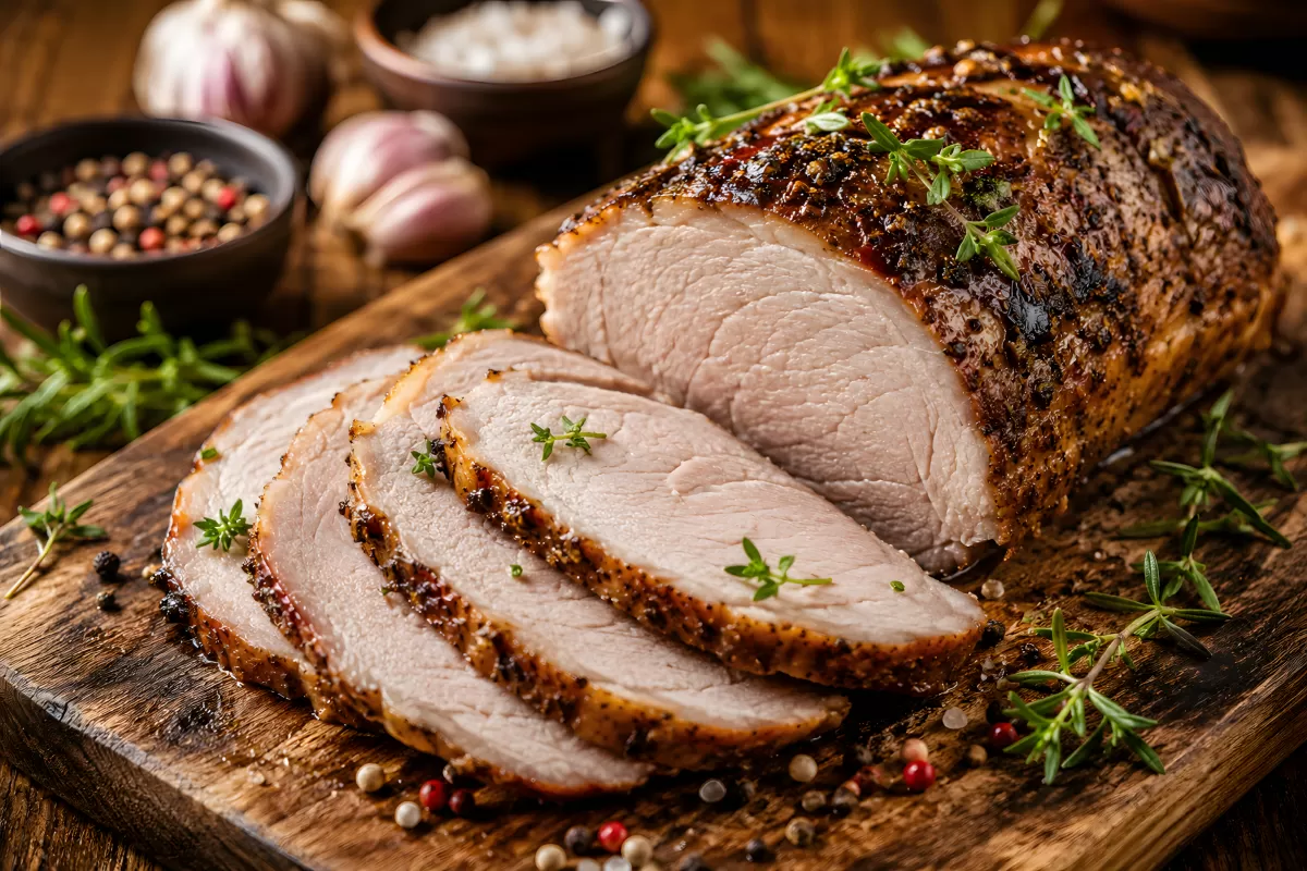 Aufgeschnittener Schweinebraten mit Kräuterkruste