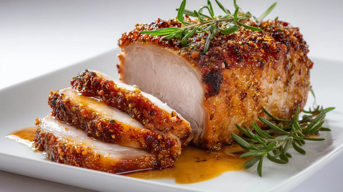 Aufgeschnittener Senf-Schweinebraten mit Kräuterkruste