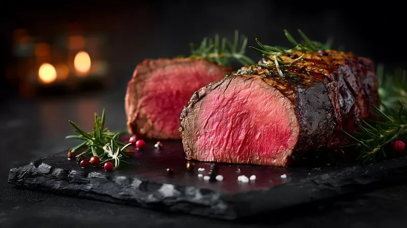 Aufgeschnittenes Rinderfilet medium rare mit Kräutern