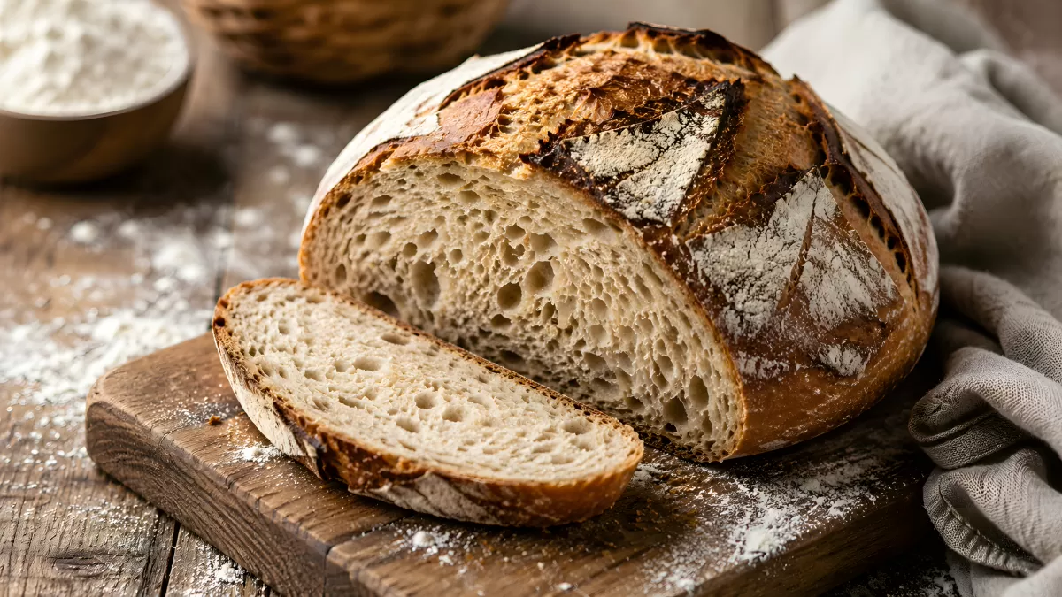 Aufgeschnittenes Sauerteigbrot auf Holzbrett