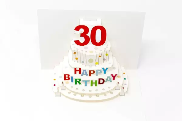 Aufklappbare Geburtstagskarte mit einer Papiertorte zum 30. Geburtstag