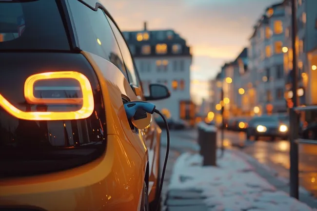 Aufladen eines Elektroautos in der Stadt bei Dämmerung