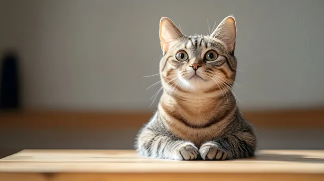 Aufmerksame Hauskatze auf Holztisch