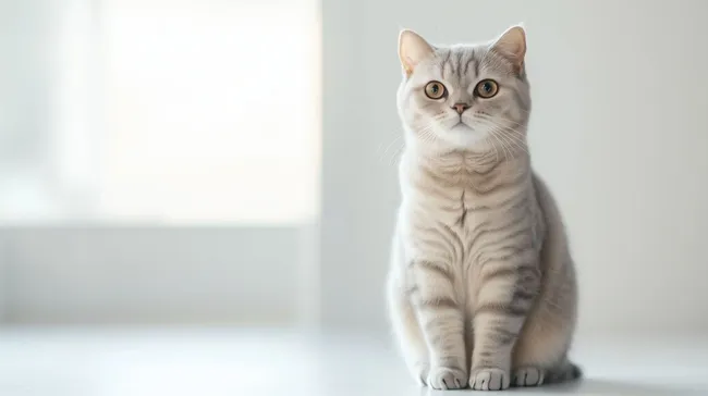 Aufmerksame Schottische Faltohrkatze vor heller Wand
